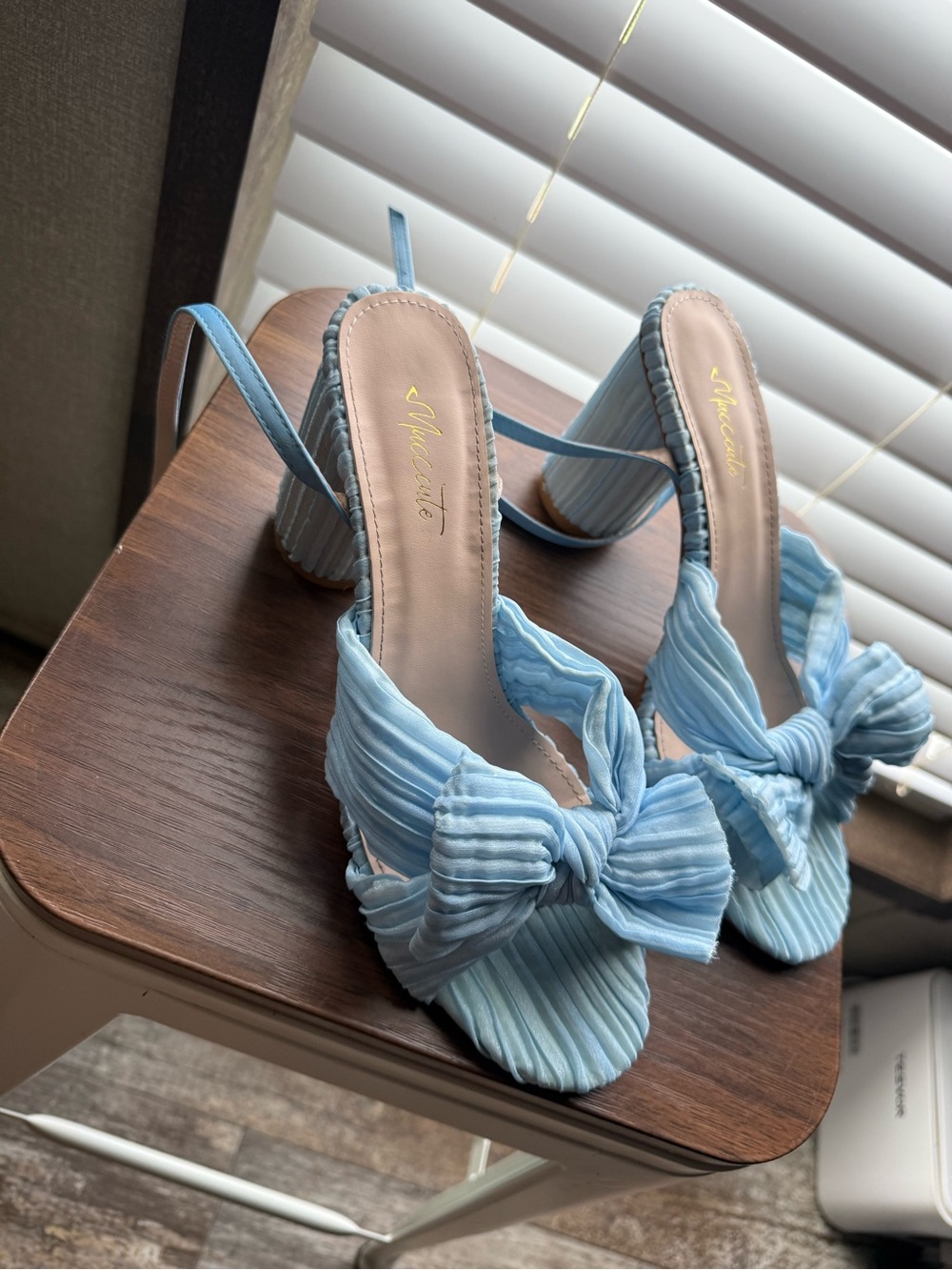 Pleated Light Blue Bow Heels